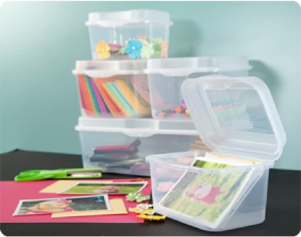 Sterilite FlipTop, Stackable Small Storage Bin with Hinging Lid, Plastic Container to Organize Desk at Home, Classroom, Office, Clear, 1-Pack