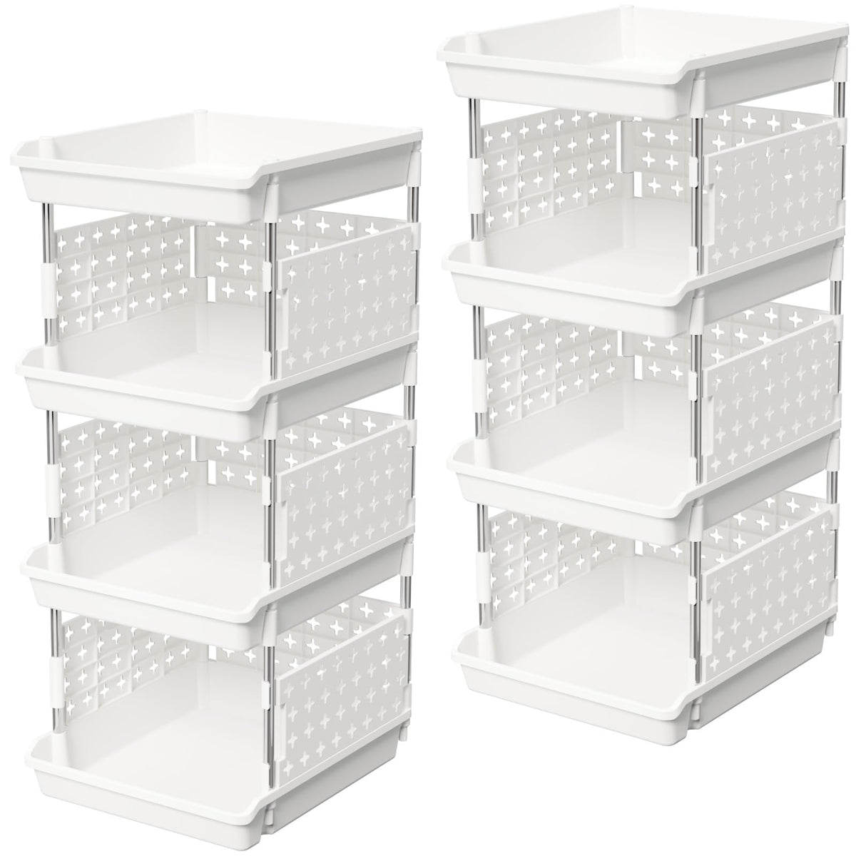 Lifewit Plastic Stackable Storage Baskets, 4 Tier Stacking Bins for Food and Clothes, Multifunctional Organizer for RV, Kitchen, Playroom, Pantry and Bathroom, 13.8"D x 11.8"W x 28.3"H, 1 Pack, White
