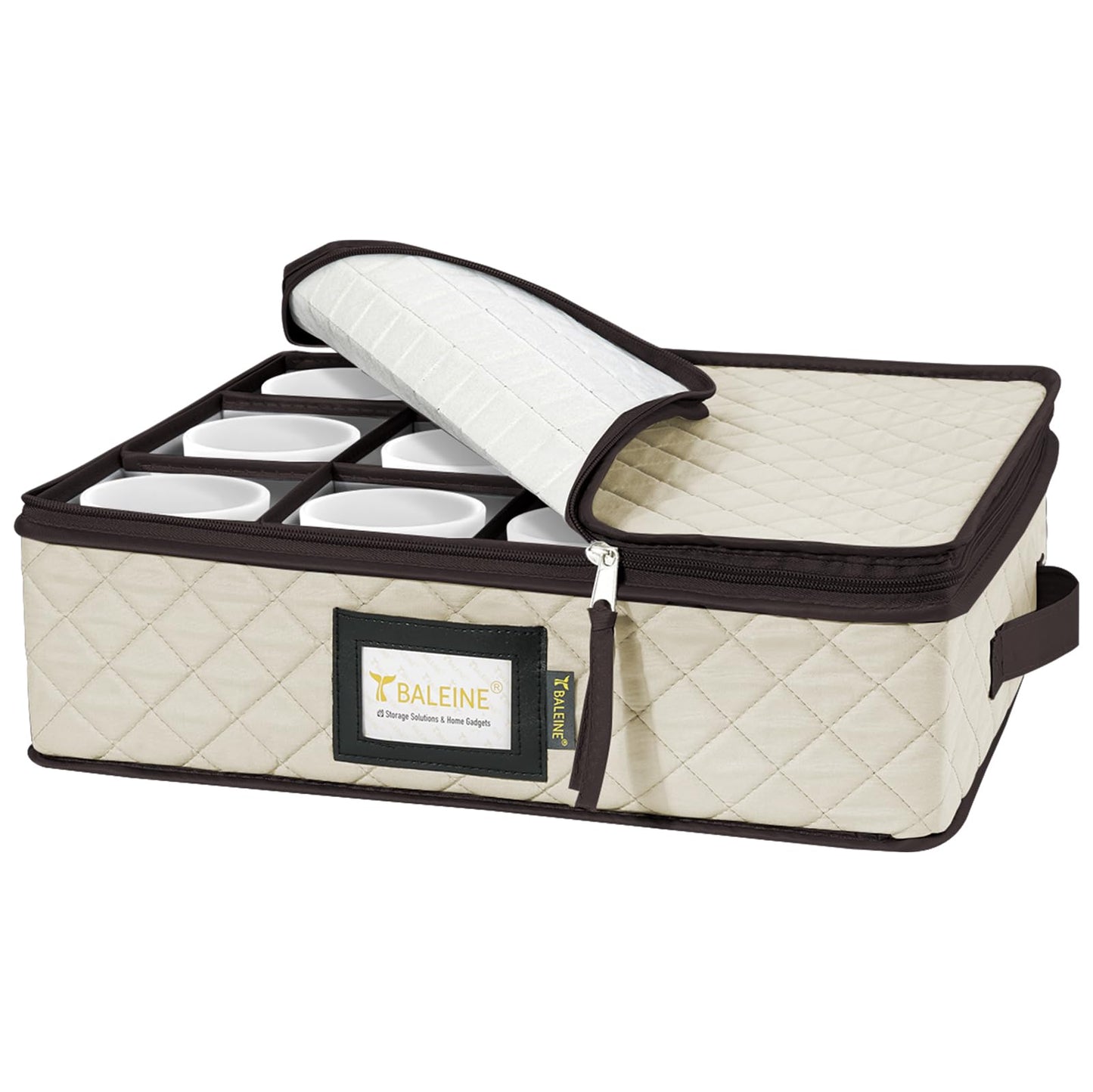 BALEINE China Storage Containers, Sturdy Quilted Wine Glass Storage, Plate Organizer with Carry Handles, Moving Boxes for Dishes, Cups, Mugs and Stemware (Plate Mug Combo, Soft Shell Cream)