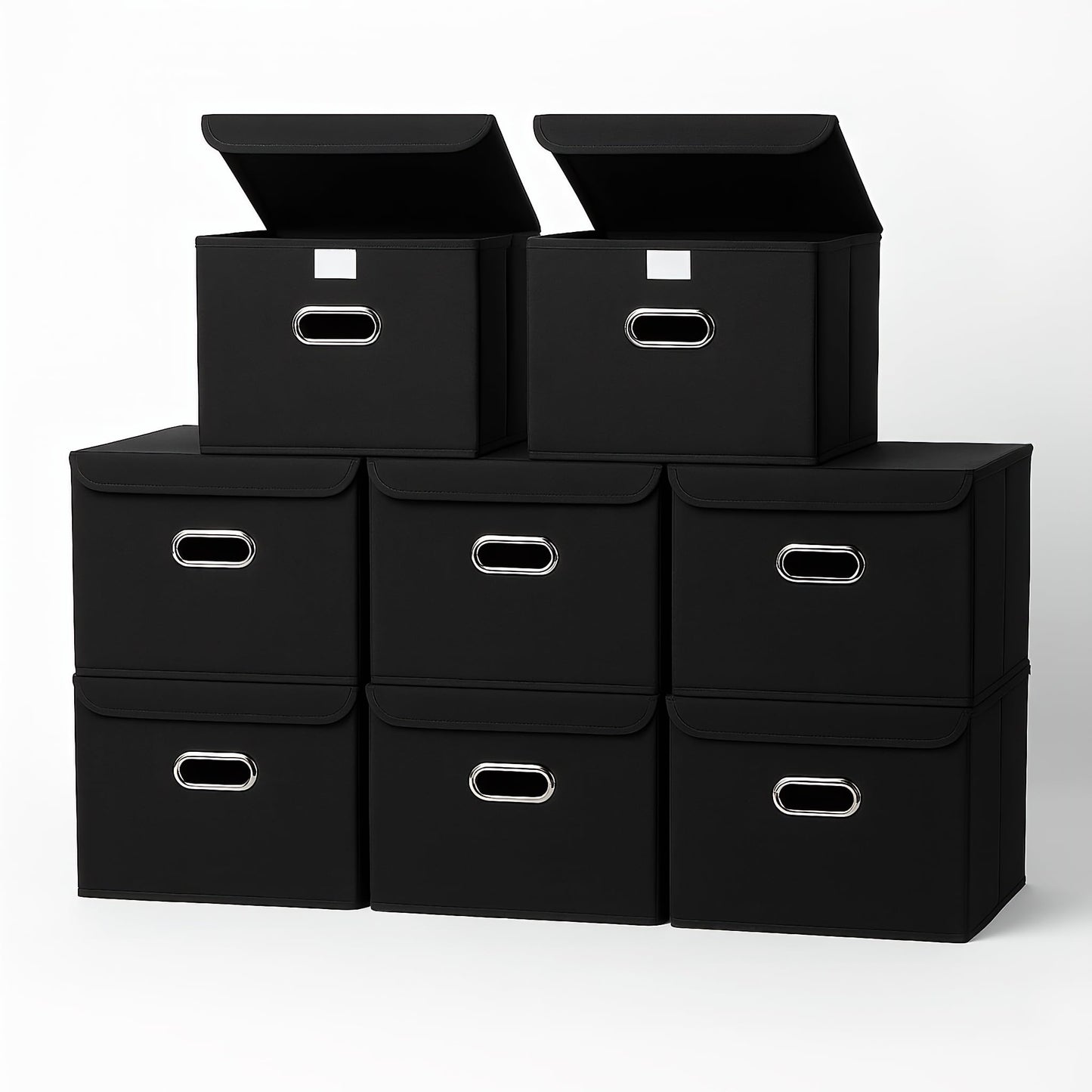 Linen Fabric Foldable Collapsible Storage Cube Bin Organizer Basket Fabric Storage Bins with Lid, Leather Handles, Removable Divider for Home, Closet,Navy Blue 3Pcs
