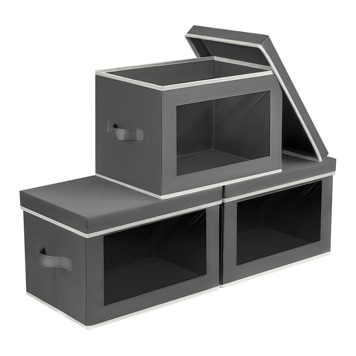 Homsorout Storage Bins with Lids - Fabric Storage Boxe with Window, Collapsible Closet Organizers with Handles, 3 Pack Decorative Bin, Home Cubes Baskets for Clothes, Hat, Books, Dark Grey