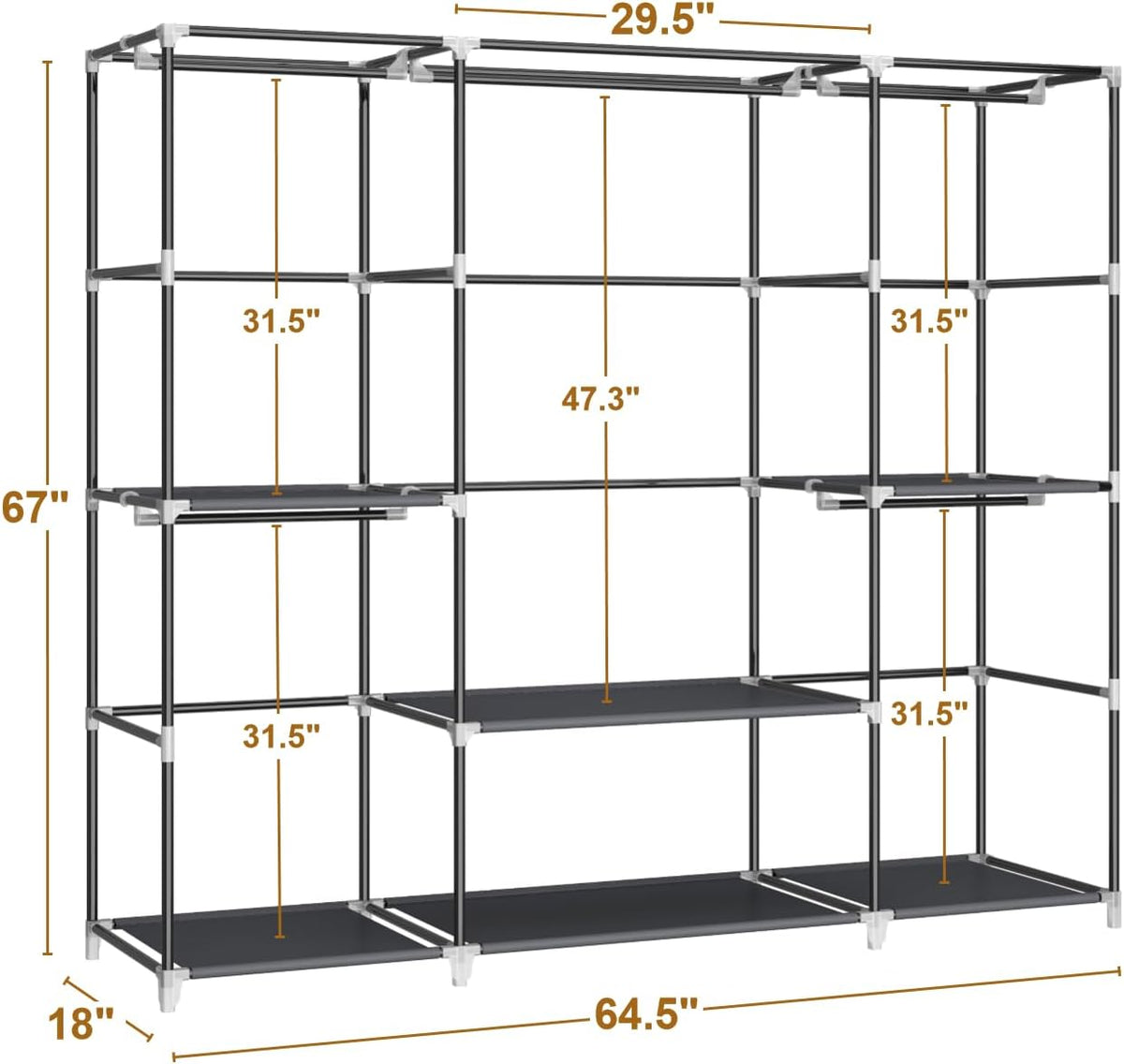 MOGELAFOO 64.5” Portable Closet, Freestanding Wardrobe Clothes Rack with Fabric Cover, 5 Hanging Rods and 6 Storage Shelves for Bedroom, Black