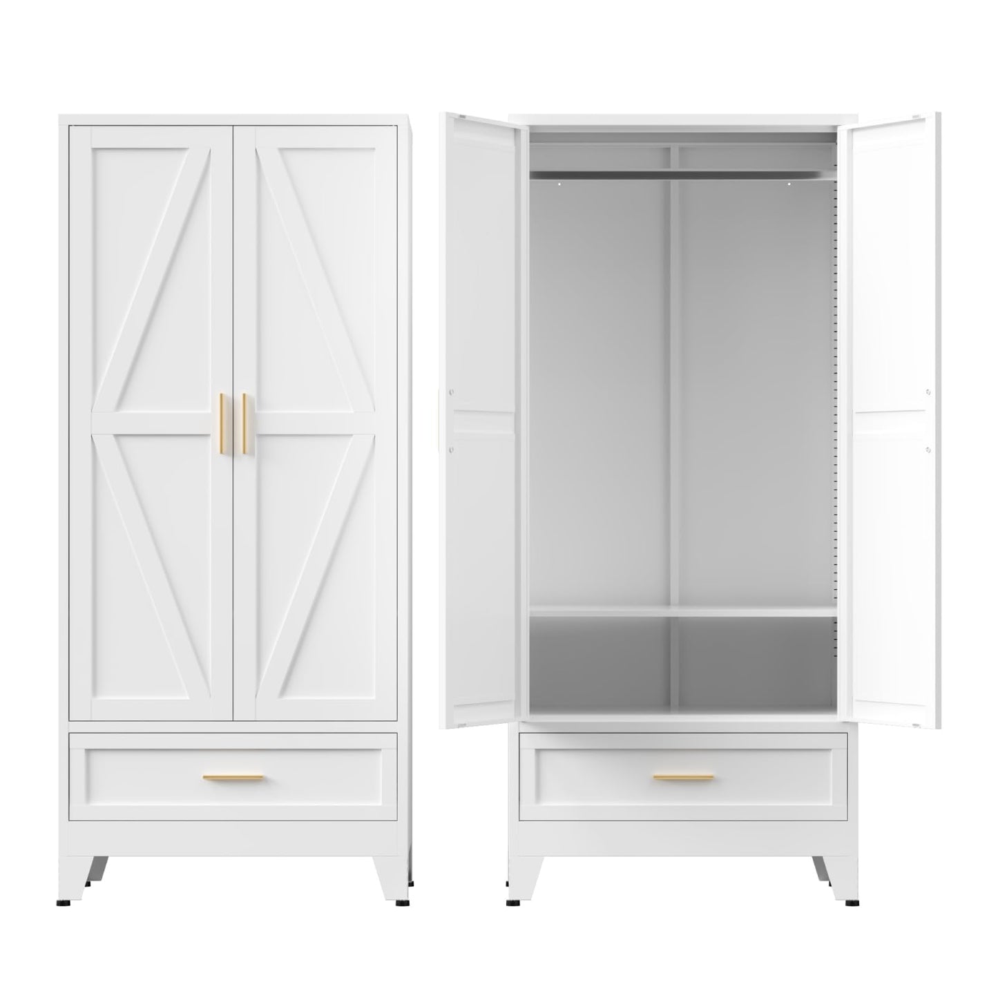 COFaR Metal Wardrobe Closet with Doors, 71'' Tall Steel Bedroom Armoire with Adjustable Hanging Rod and Shelves, Broom Closet Storage Cabinet for Garage Laundry Office, Farmhouse White