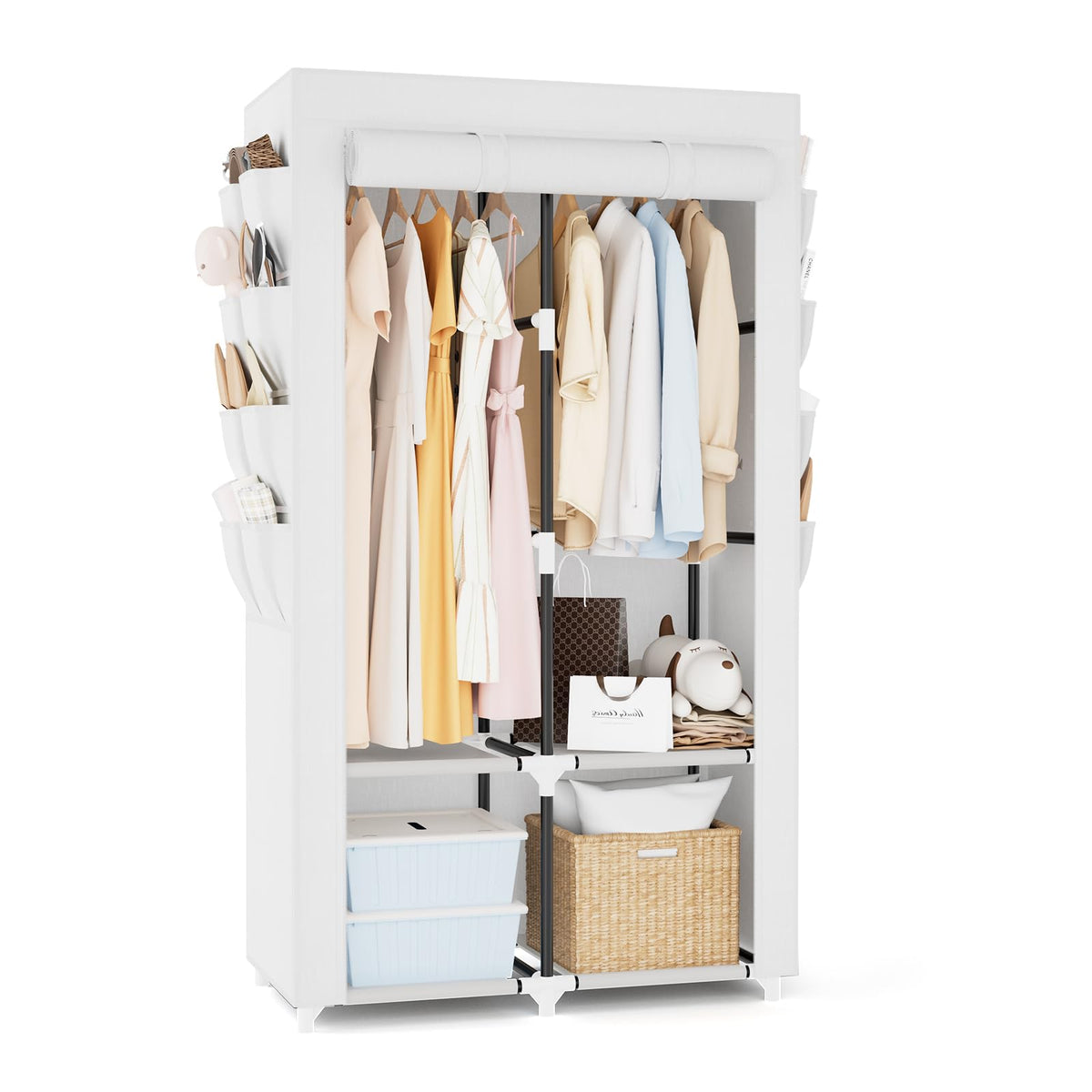 Wardrobe Closet Portable Closets for Hanging Clothes Large Capacity Clothes Rack with Cover, 3 Hanging Rods, 6 Shelves and 8 Pockets, Strong and Stable Free Standing Closet for Bedroom, Black