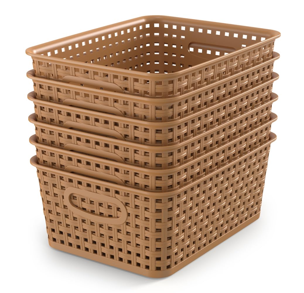WYT 6-Pack Plastic Small Shelf Storage Weave Baskets Organizing for Cabinets and Pantries, Deep Purple