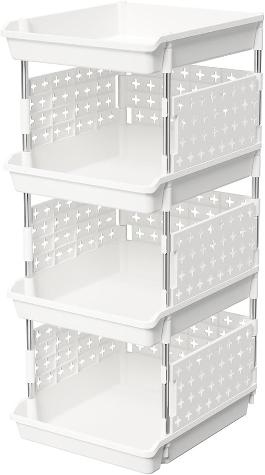Lifewit Plastic Stackable Storage Baskets, 4 Tier Stacking Bins for Food and Clothes, Multifunctional Organizer for RV, Kitchen, Playroom, Pantry and Bathroom, 13.8"D x 11.8"W x 28.3"H, 1 Pack, White