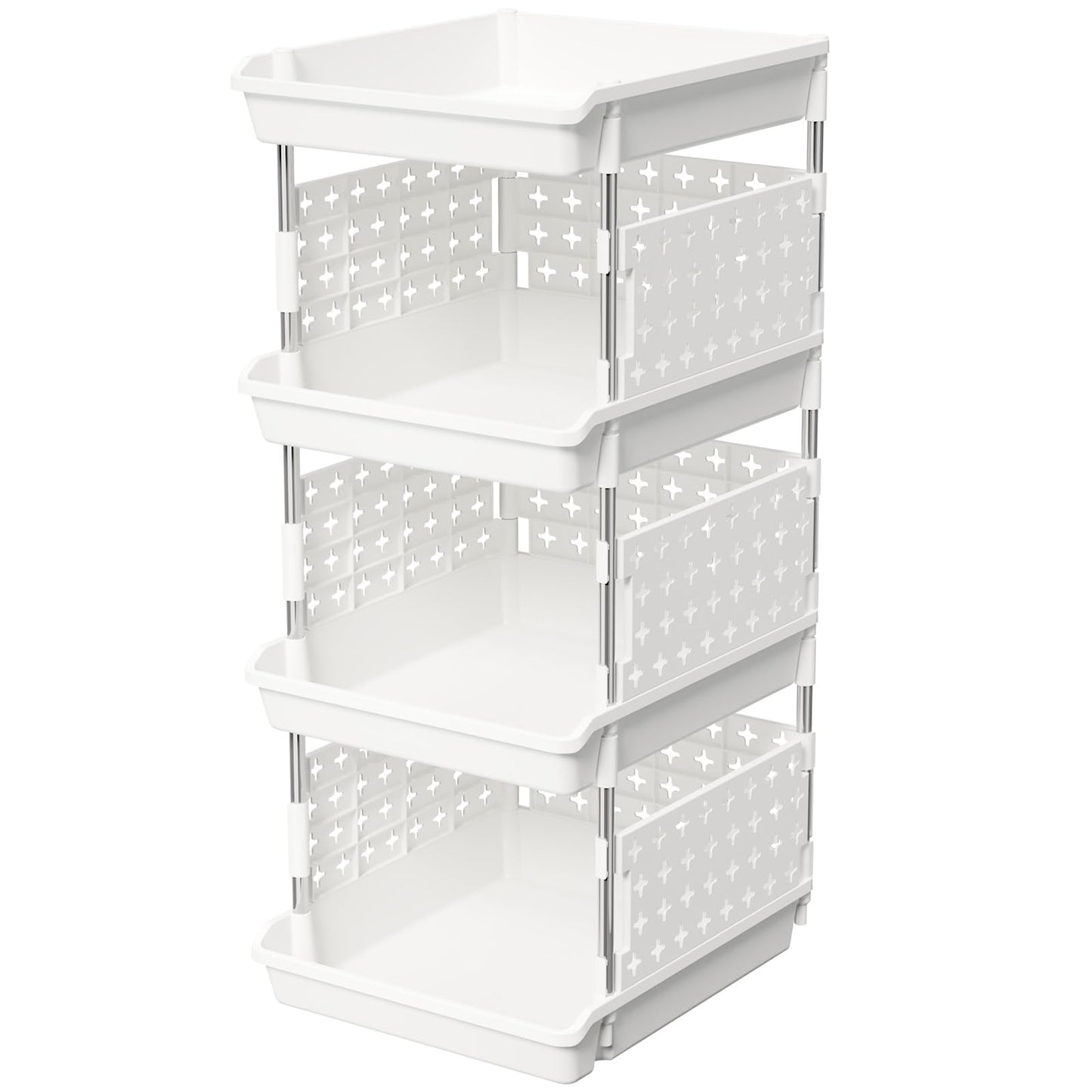 Lifewit Plastic Stackable Storage Baskets, 4 Tier Stacking Bins for Food and Clothes, Multifunctional Organizer for RV, Kitchen, Playroom, Pantry and Bathroom, 13.8"D x 11.8"W x 28.3"H, 1 Pack, White