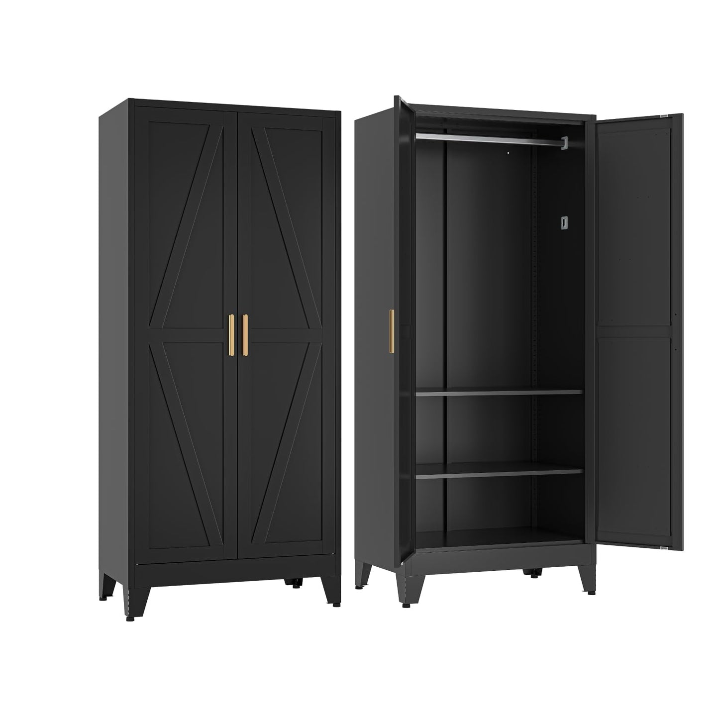 COFaR Metal Wardrobe Closet with Doors, 71'' Tall Steel Bedroom Armoire with Adjustable Hanging Rod and Shelves, Broom Closet Storage Cabinet for Garage Laundry Office, Farmhouse White