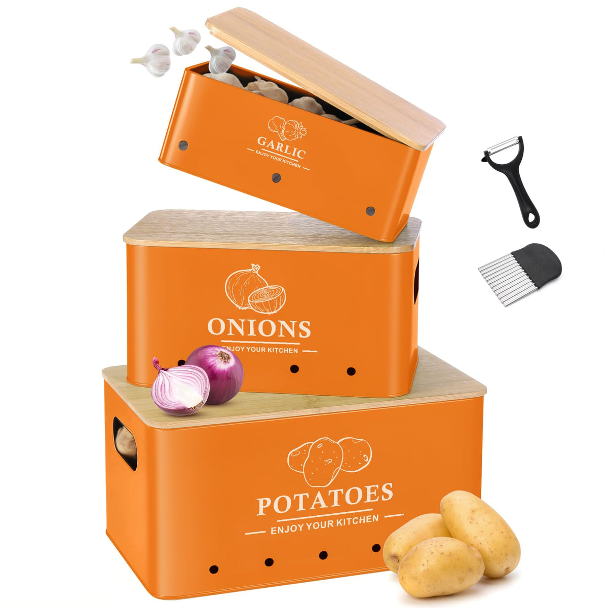 Kitchen Vegetable Storage Set of 3, Metal Onion Garlic Potato Storage Set, Kitchen Canisters Vegetable Keeper Containers with Aerating Holes and Bamboo Lid,Black
