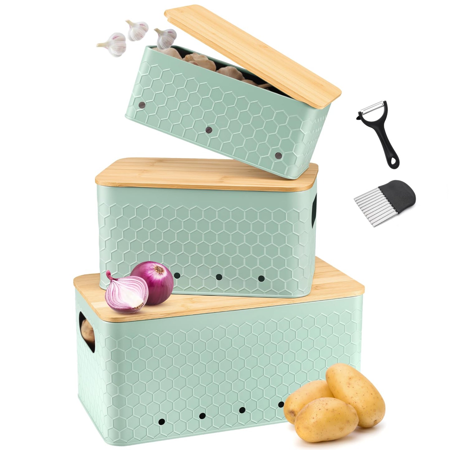 Kitchen Vegetable Storage Set of 3, Metal Onion Garlic Potato Storage Set, Kitchen Canisters Vegetable Keeper Containers with Aerating Holes and Bamboo Lid,Black