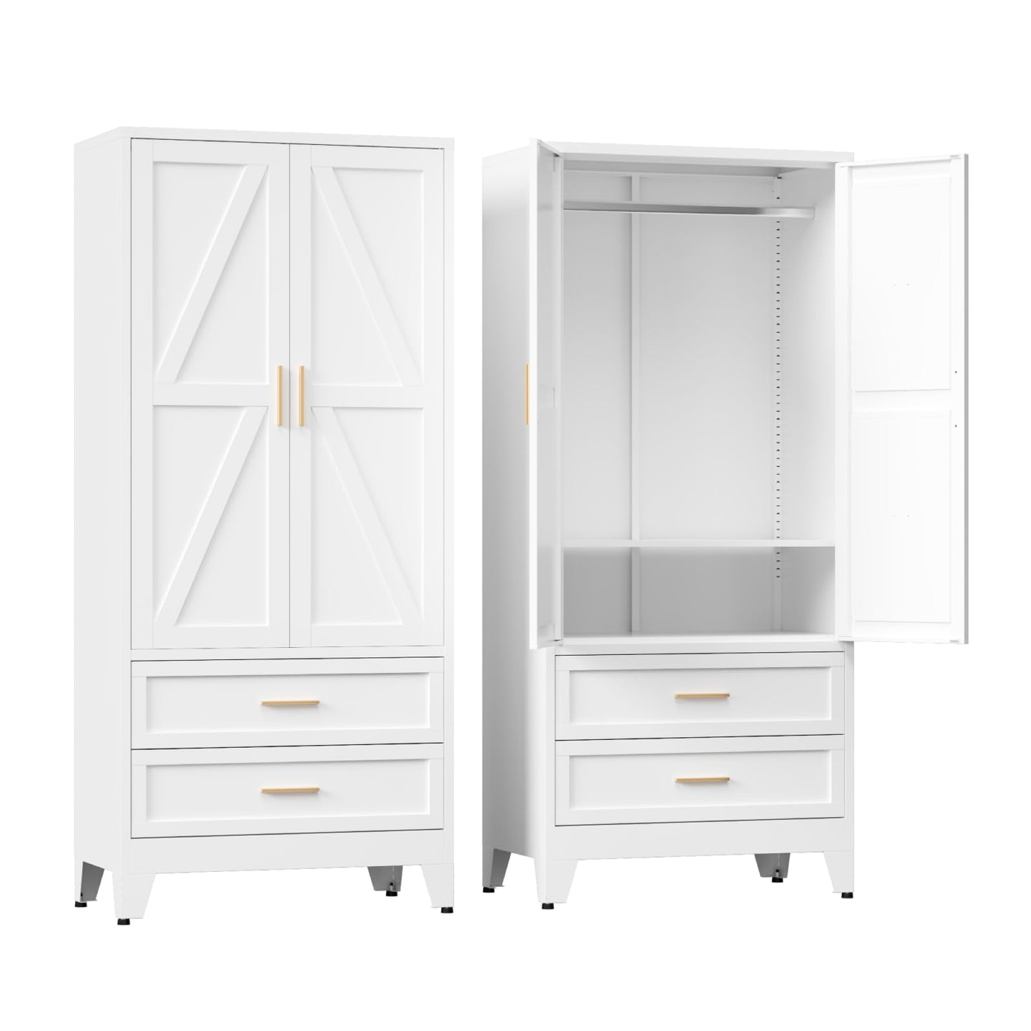 COFaR Metal Wardrobe Closet with Doors, 71'' Tall Steel Bedroom Armoire with Adjustable Hanging Rod and Shelves, Broom Closet Storage Cabinet for Garage Laundry Office, Farmhouse White