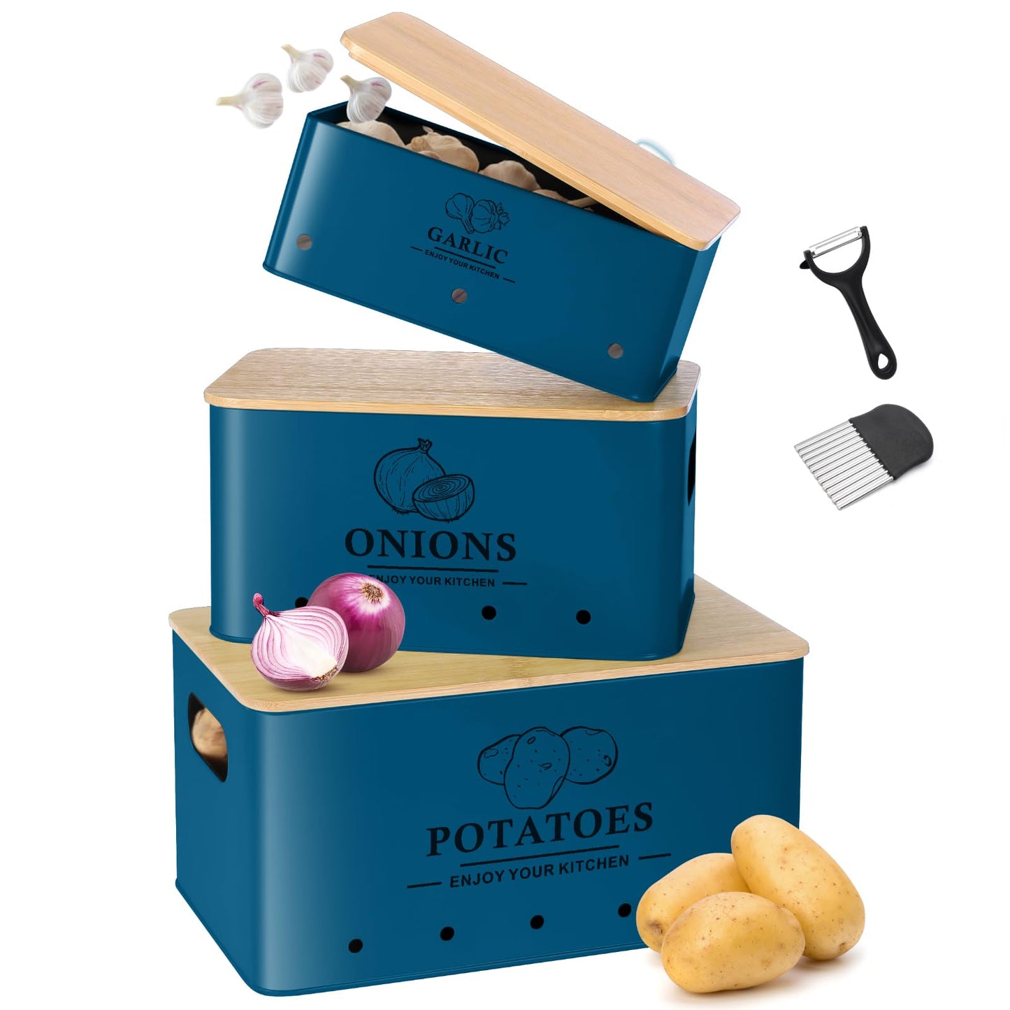Kitchen Vegetable Storage Set of 3, Metal Onion Garlic Potato Storage Set, Kitchen Canisters Vegetable Keeper Containers with Aerating Holes and Bamboo Lid,Black