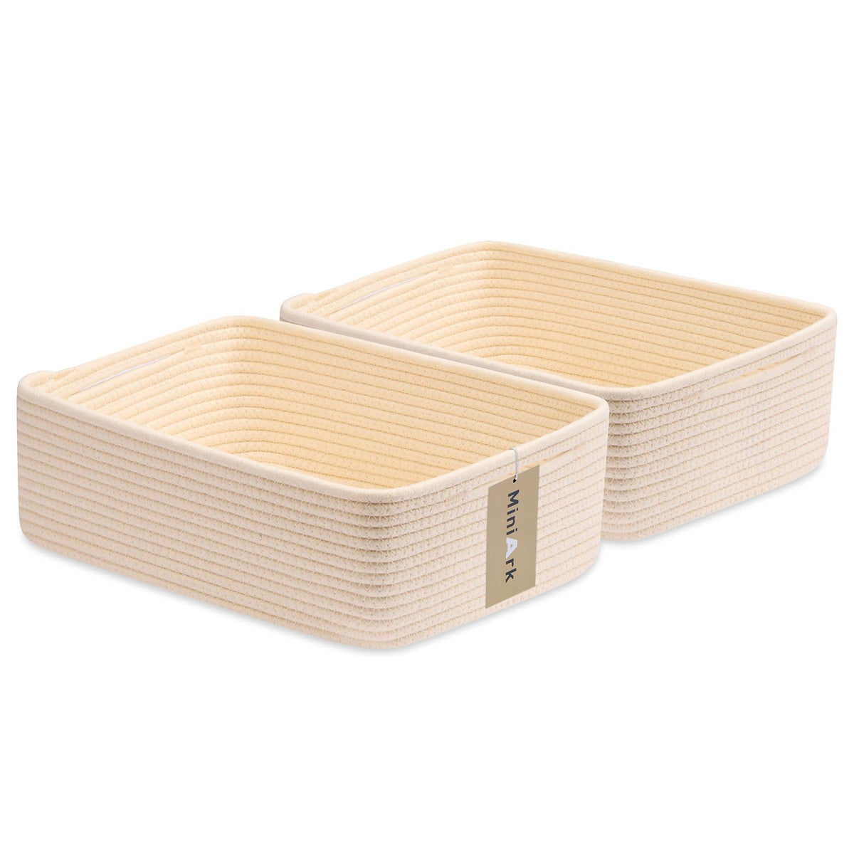 MiniArk Large Shallow Organizing Baskets 15x11x5.1 Inches - Rope Woven Storage Bins for Bathroom, Shelves, Cube Closet, Mixed Brown 2 Packs