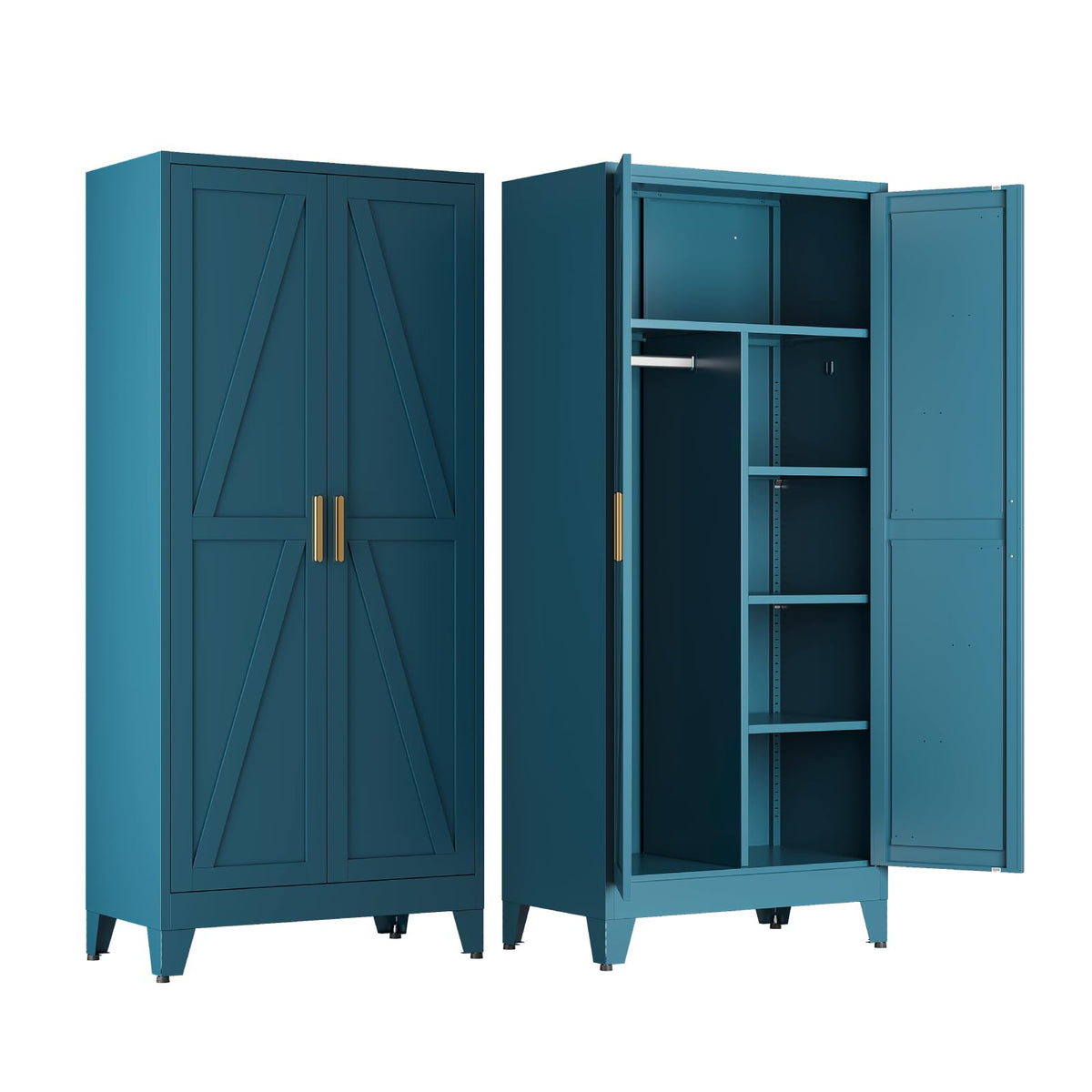 COFaR Metal Wardrobe Closet with Doors, 71'' Tall Steel Bedroom Armoire with Adjustable Hanging Rod and Shelves, Broom Closet Storage Cabinet for Garage Laundry Office, Farmhouse White