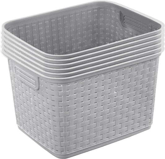 Sterilite Tall Weave Basket, Rectangular Plastic Décor Bin, Gray, 6 Pack