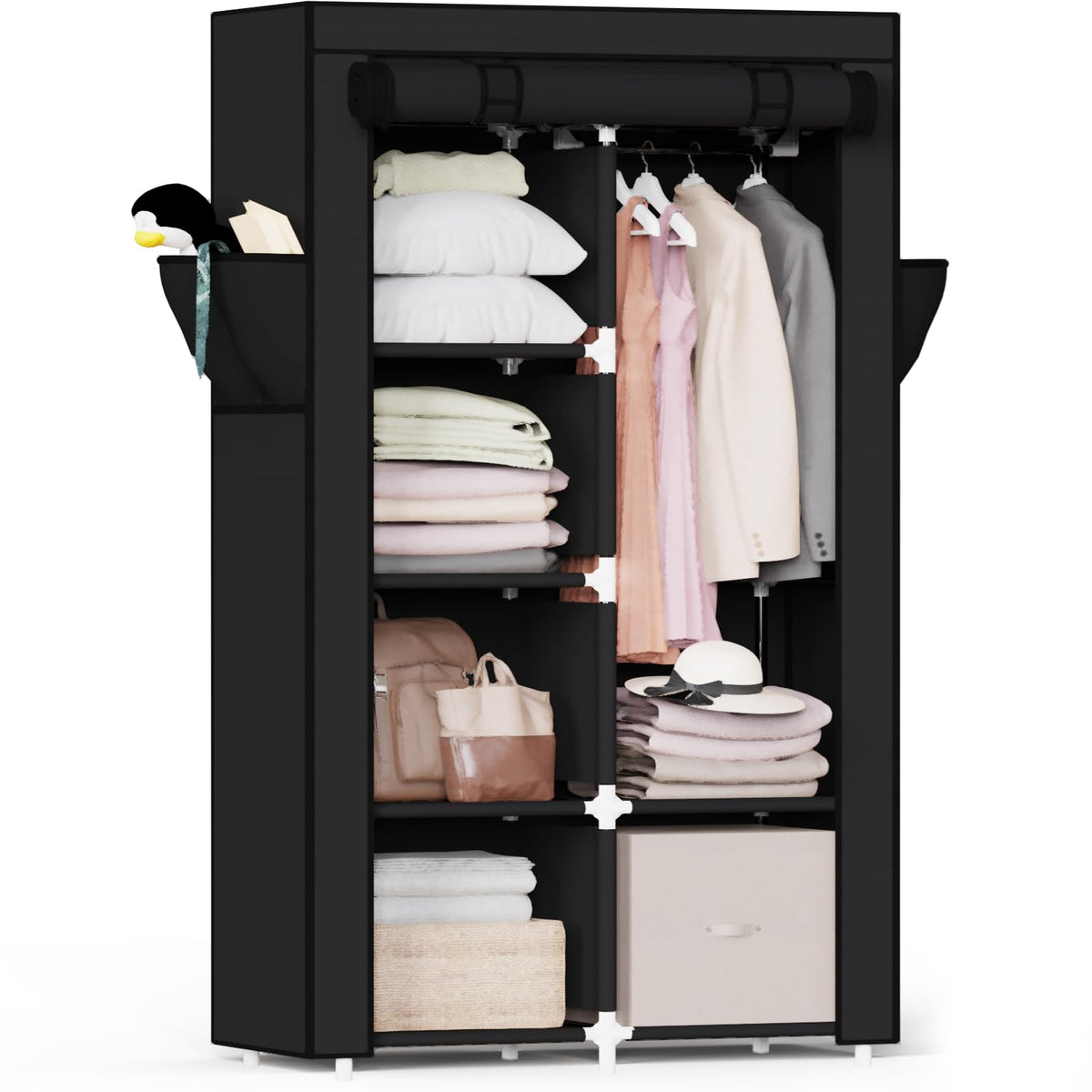 Mavivegue Clothes Organizer with 4 Hanging Rods, Portable Closet Wardrobe, Non-Woven Fabric Cover, Large Capacity Storage for Bedroom and Living Room,Black, 67" W x 17" D x 67" H