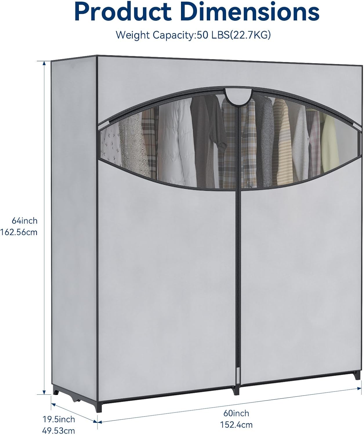 Whitmor Extra-Wide Portable Clothes Closet, 60" Wide Closet Organizers and Storage with Cover, Heavy Duty Metal Clothes Rack, Stable and Easy Assembly Clothes Storage, Light Grey