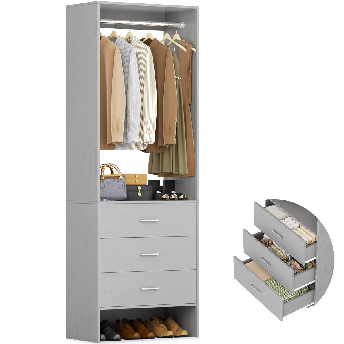 Aheaplus 1.8FT Closet System with Drawers, 21.5’’ Closet Organizer, White