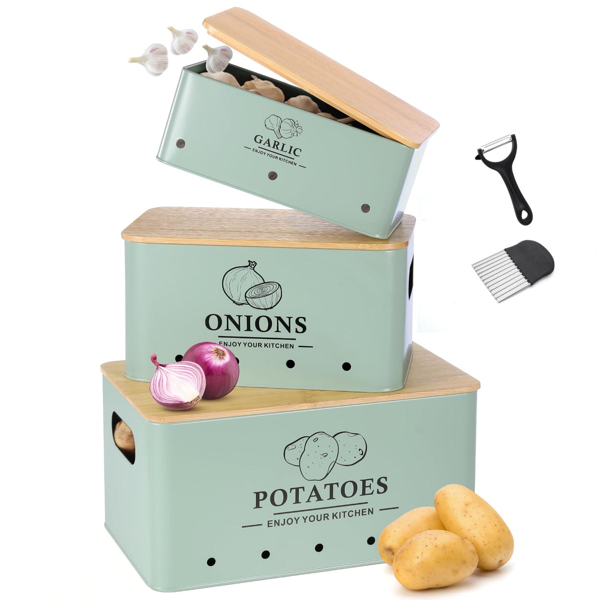Kitchen Vegetable Storage Set of 3, Metal Onion Garlic Potato Storage Set, Kitchen Canisters Vegetable Keeper Containers with Aerating Holes and Bamboo Lid,Black