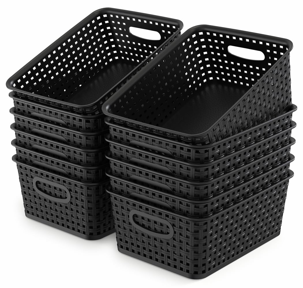 WYT 6-Pack Plastic Small Shelf Storage Weave Baskets Organizing for Cabinets and Pantries, Deep Purple