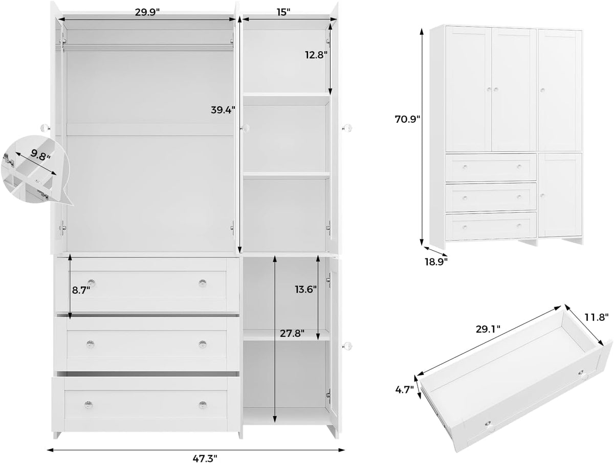 VOWNER 71" Armoire Wardrobe Closet with 3 Drawers and Mirror