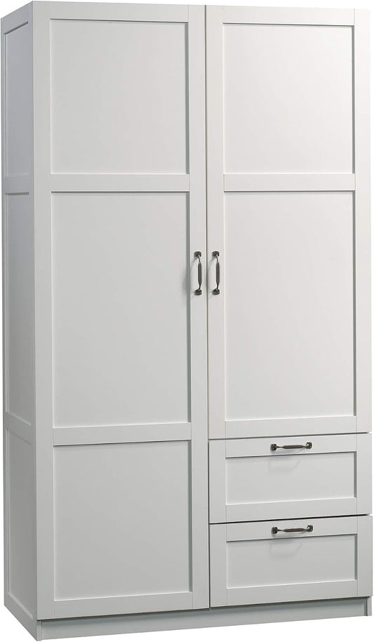 Sauder Select Multipurpose Bedroom Armoire Wardrobe Closet Pantry Storage Cabinet with Storage Drawers and Hanging Rail, in Soft White finish