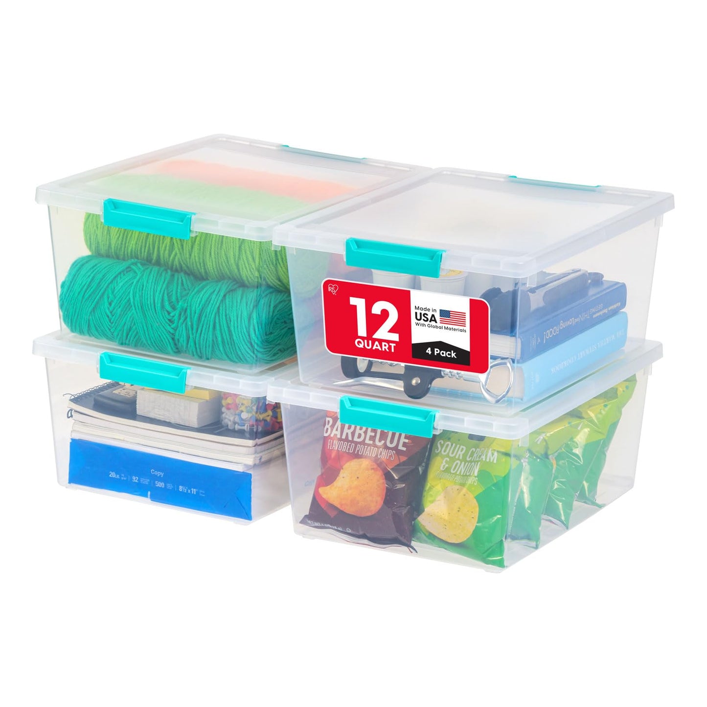 IRIS USA Storage Bins with Lids |Made in USA| 6 Qt - (4-Pack) - Clear