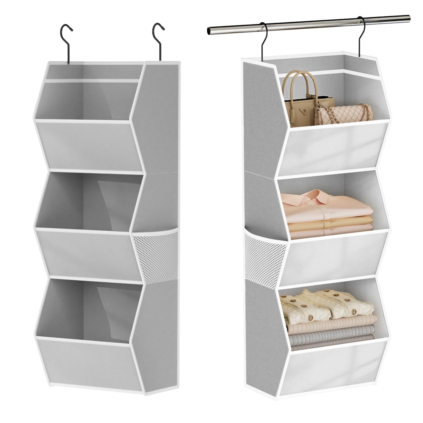 Hanging Closet Organizer 4 Shelf Collapsible Bedroom Closet Organizers and Storage Hanging with Mesh Pockets for Clothes, Fabric Hanging Storage Bins for Wardrobe Closet Organization and Storage, Grey