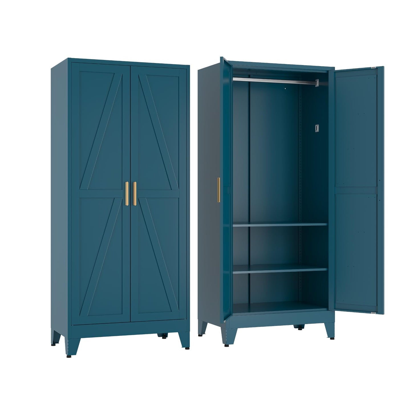 COFaR Metal Wardrobe Closet with Doors, 71'' Tall Steel Bedroom Armoire with Adjustable Hanging Rod and Shelves, Broom Closet Storage Cabinet for Garage Laundry Office, Farmhouse White