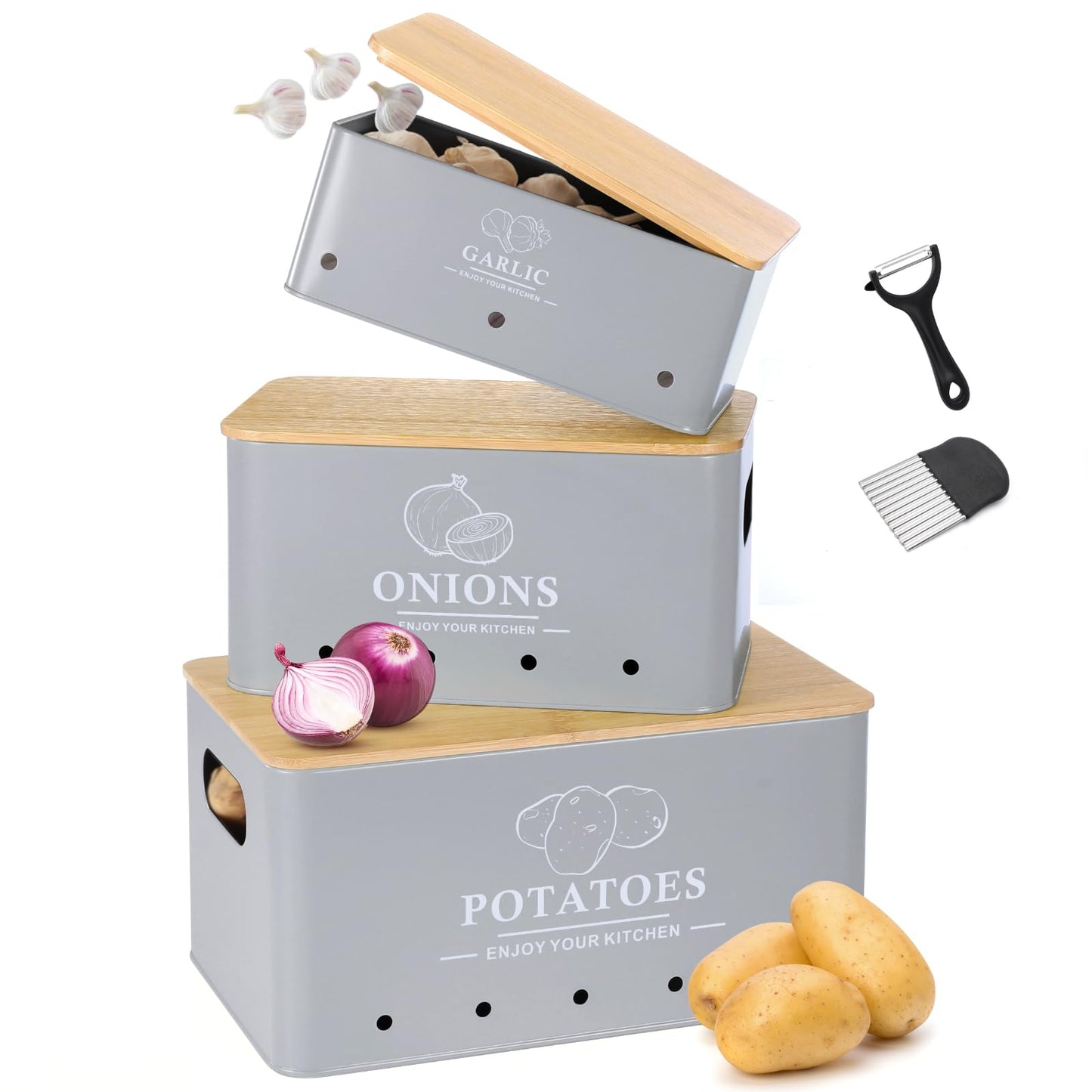 Kitchen Vegetable Storage Set of 3, Metal Onion Garlic Potato Storage Set, Kitchen Canisters Vegetable Keeper Containers with Aerating Holes and Bamboo Lid,Black