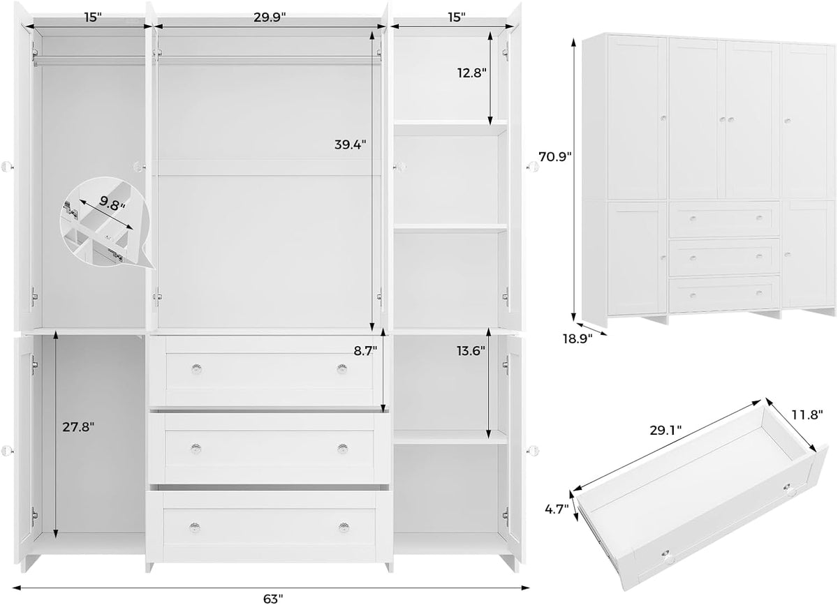 VOWNER 71" Armoire Wardrobe Closet with Drawers and Mirror, 6 Doors