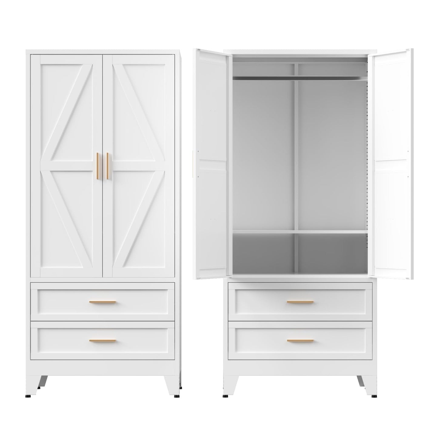 COFaR Metal Wardrobe Closet with Doors, 71'' Tall Steel Bedroom Armoire with Adjustable Hanging Rod and Shelves, Broom Closet Storage Cabinet for Garage Laundry Office, Farmhouse White