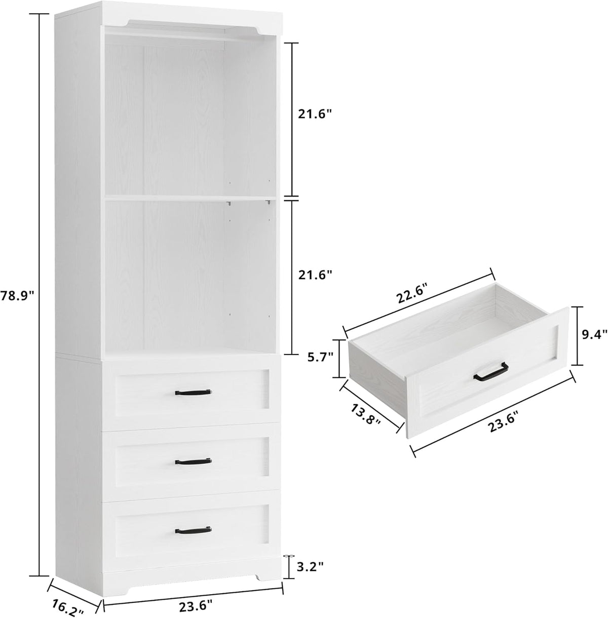 IRONCK Freestanding Closet System with Adjustable Shelves & 3 Drawers