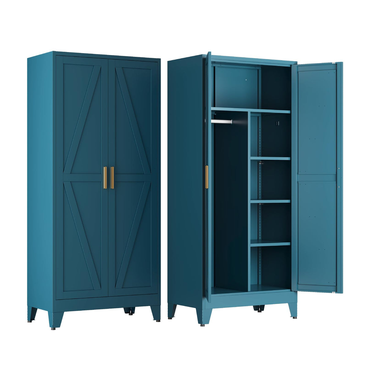 COFaR Metal Wardrobe Closet with Doors, 71'' Tall Steel Bedroom Armoire with Adjustable Hanging Rod and Shelves, Broom Closet Storage Cabinet for Garage Laundry Office, Farmhouse White