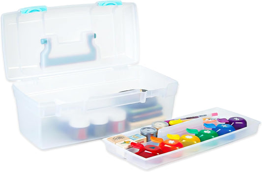 ArtBin Essentials Lift-Out Tray Craft Box with Handle, Clear/Aqua