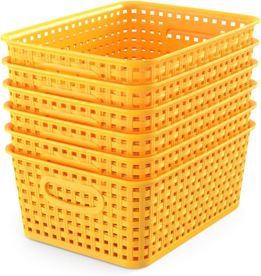 WYT 6-Pack Plastic Small Shelf Storage Weave Baskets Organizing for Cabinets and Pantries, Deep Purple