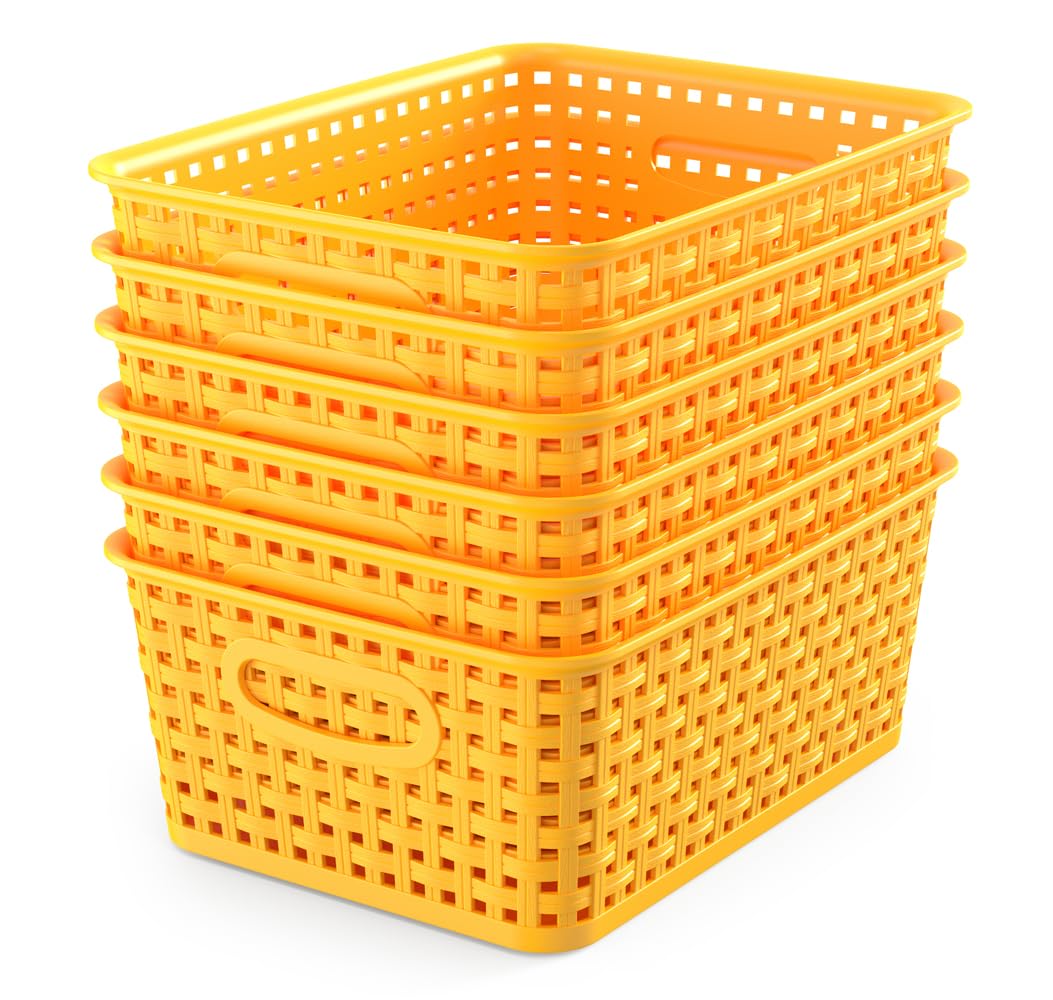WYT 6-Pack Plastic Small Shelf Storage Weave Baskets Organizing for Cabinets and Pantries, Deep Purple