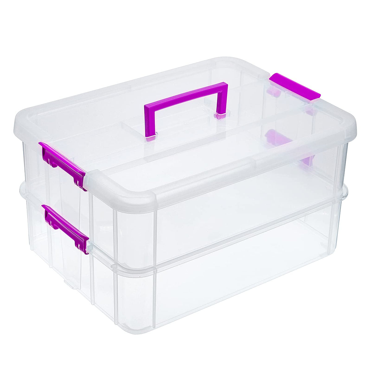 JUXYES 2-Tiers Plastic Stack Carry Storage Containers Box wih Handle Lids