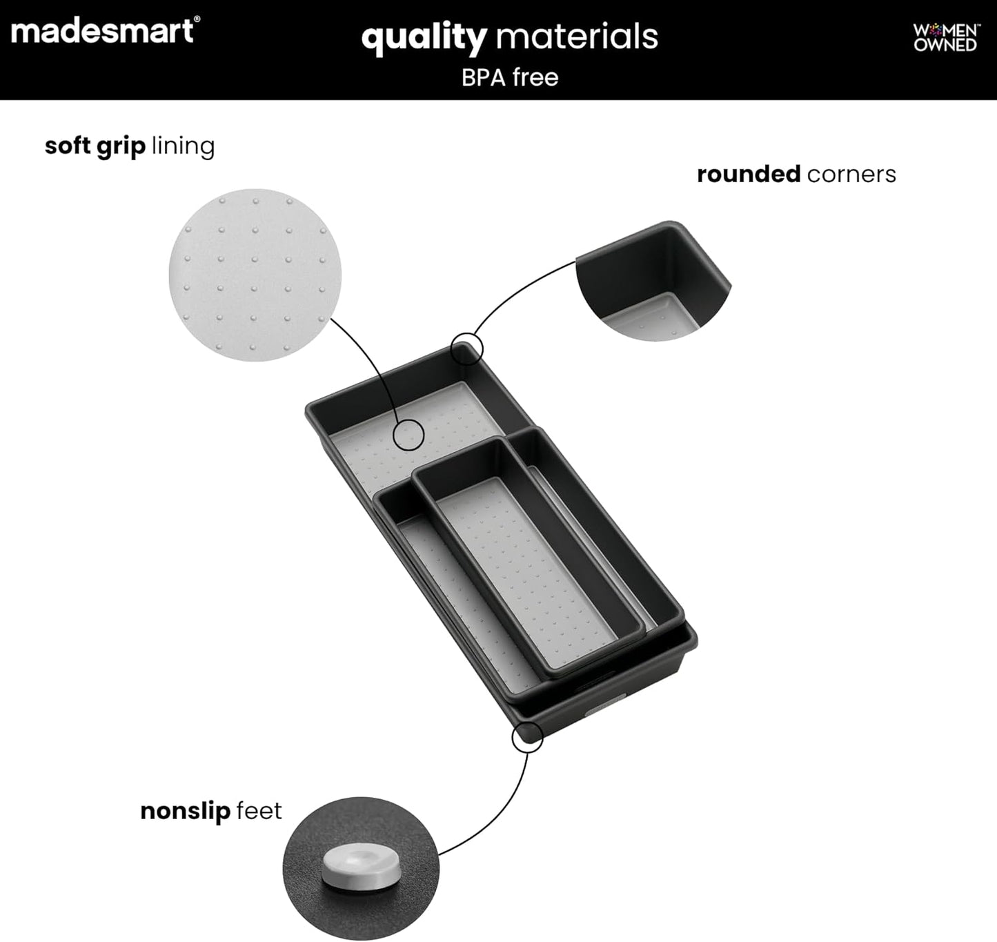 madesmart Classic 3 Bin Drawer Organizer Set, Granite