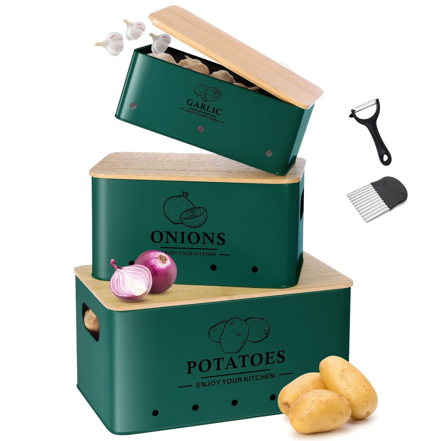 Kitchen Vegetable Storage Set of 3, Metal Onion Garlic Potato Storage Set, Kitchen Canisters Vegetable Keeper Containers with Aerating Holes and Bamboo Lid,Black