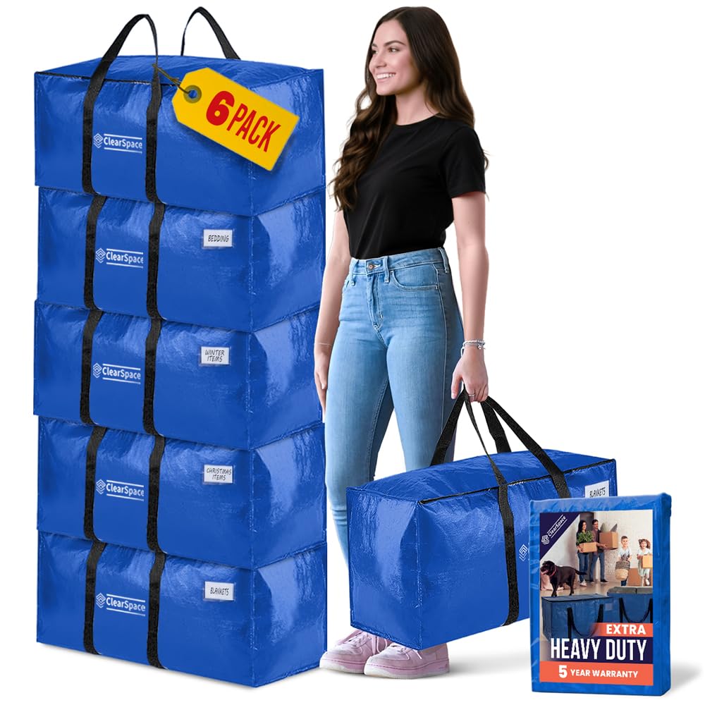 ClearSpace Heavy Duty Moving Bags - Water Resistant Storage Bags with Backpack Straps, Zippers and Handles - Large Moving Boxes for College Dorm, Travel, Closet Organization - 6 Pack, Clear