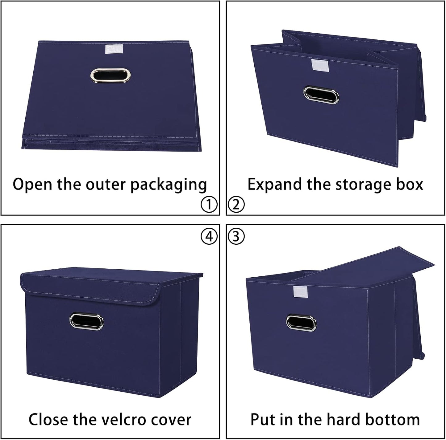 Linen Fabric Foldable Collapsible Storage Cube Bin Organizer Basket Fabric Storage Bins with Lid, Leather Handles, Removable Divider for Home, Closet,Navy Blue 3Pcs
