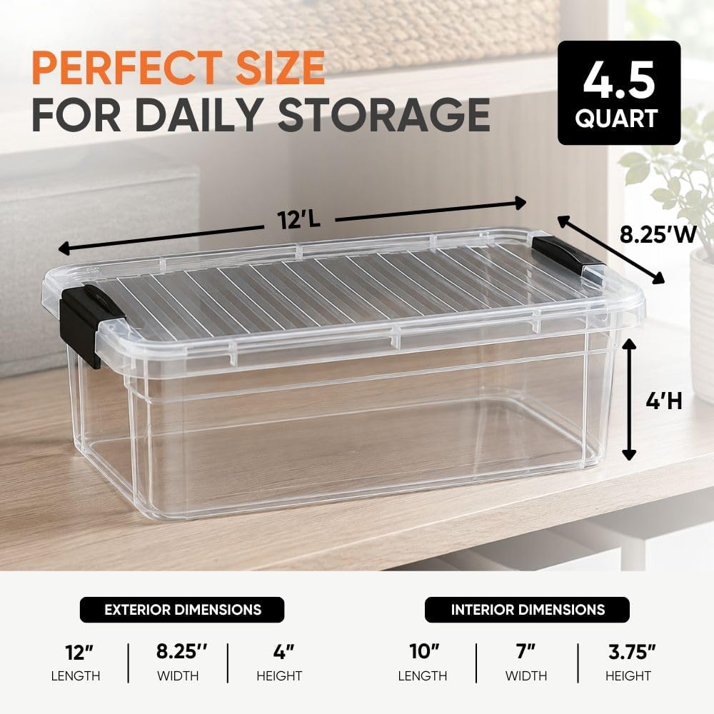 Superio Clear Plastic Storage Bins with Lid, 4.5 Quart Box, Organizing Containers, Stackable Plastic Tote for Home, Garage, Dorm, School, and Office