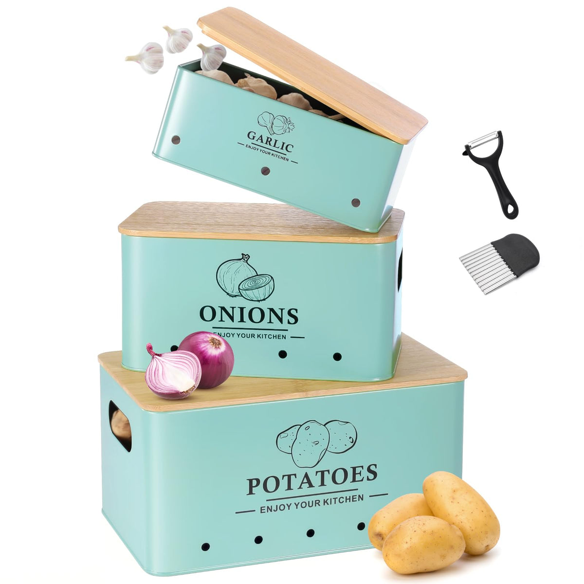 Kitchen Vegetable Storage Set of 3, Metal Onion Garlic Potato Storage Set, Kitchen Canisters Vegetable Keeper Containers with Aerating Holes and Bamboo Lid,Black