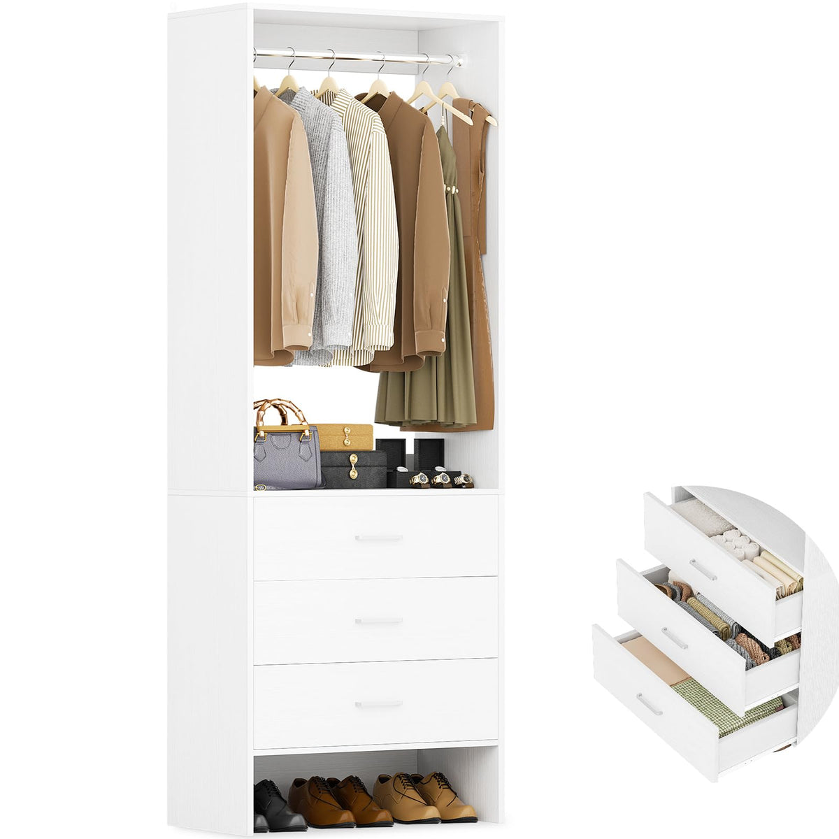 Aheaplus 1.8FT Closet System with Drawers, 21.5’’ Closet Organizer, White