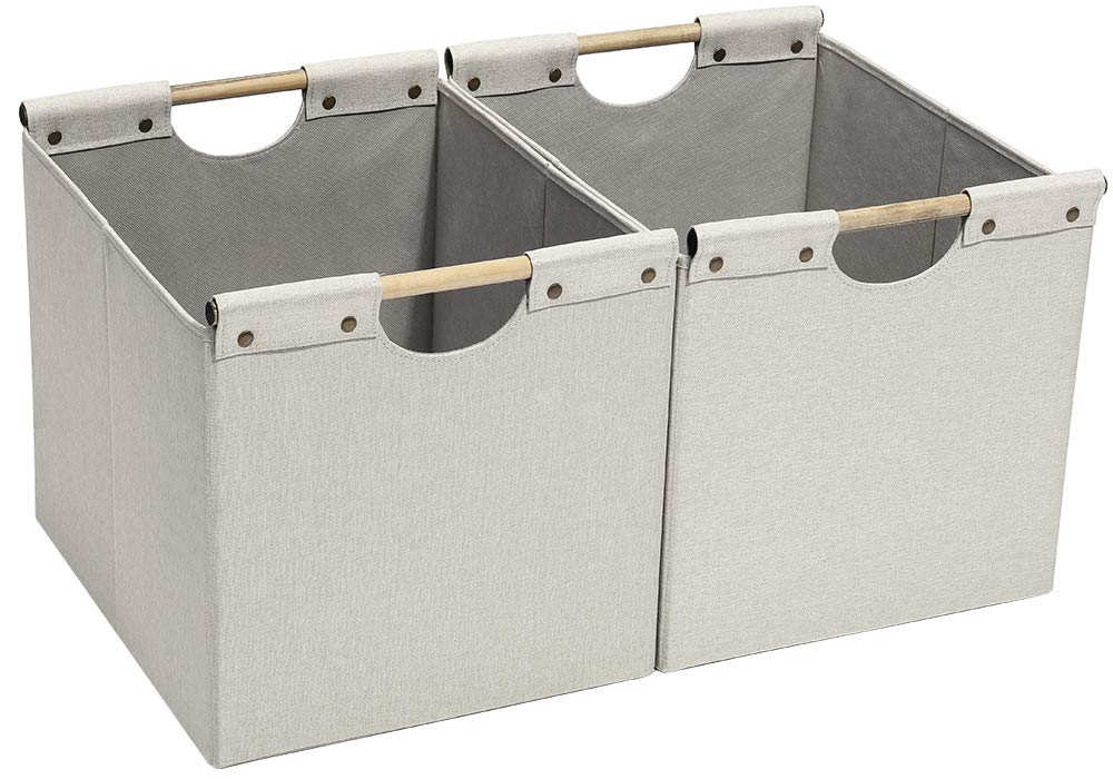HOONEX Large Collapsible Storage Bins, Linen Fabric, Pack of 2, Storage Baskets with Wooden Carry Handles and Sturdy Heavy Cardboard, for Home, Office, Car, Nursery, Black