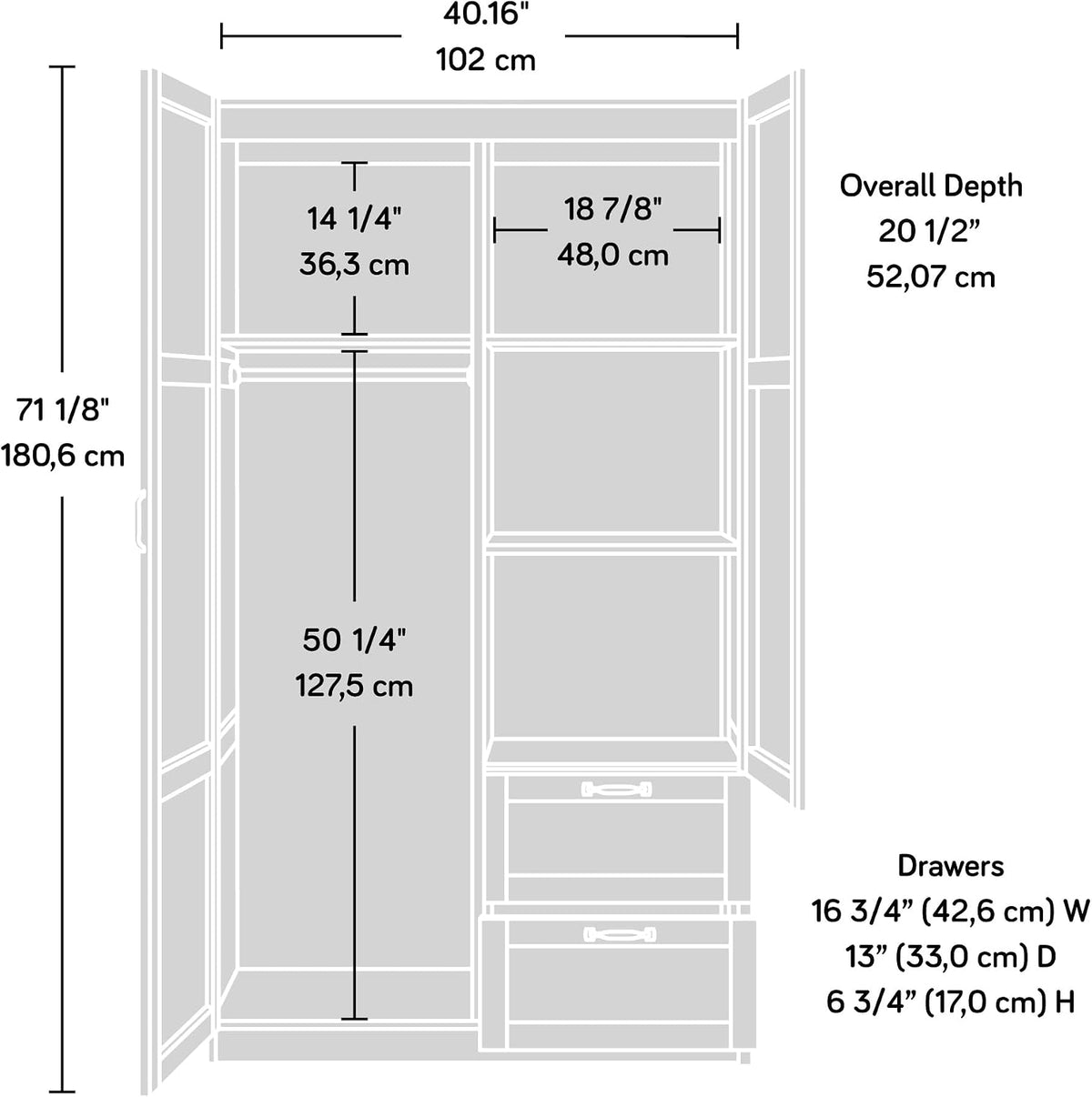Sauder Select Multipurpose Bedroom Armoire Wardrobe Closet Pantry Storage Cabinet with Storage Drawers and Hanging Rail, in Soft White finish