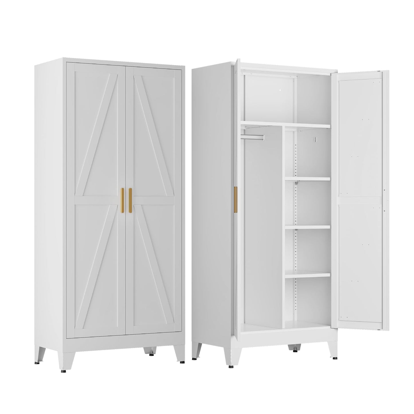 COFaR Metal Wardrobe Closet with Doors, 71'' Tall Steel Bedroom Armoire with Adjustable Hanging Rod and Shelves, Broom Closet Storage Cabinet for Garage Laundry Office, Farmhouse White