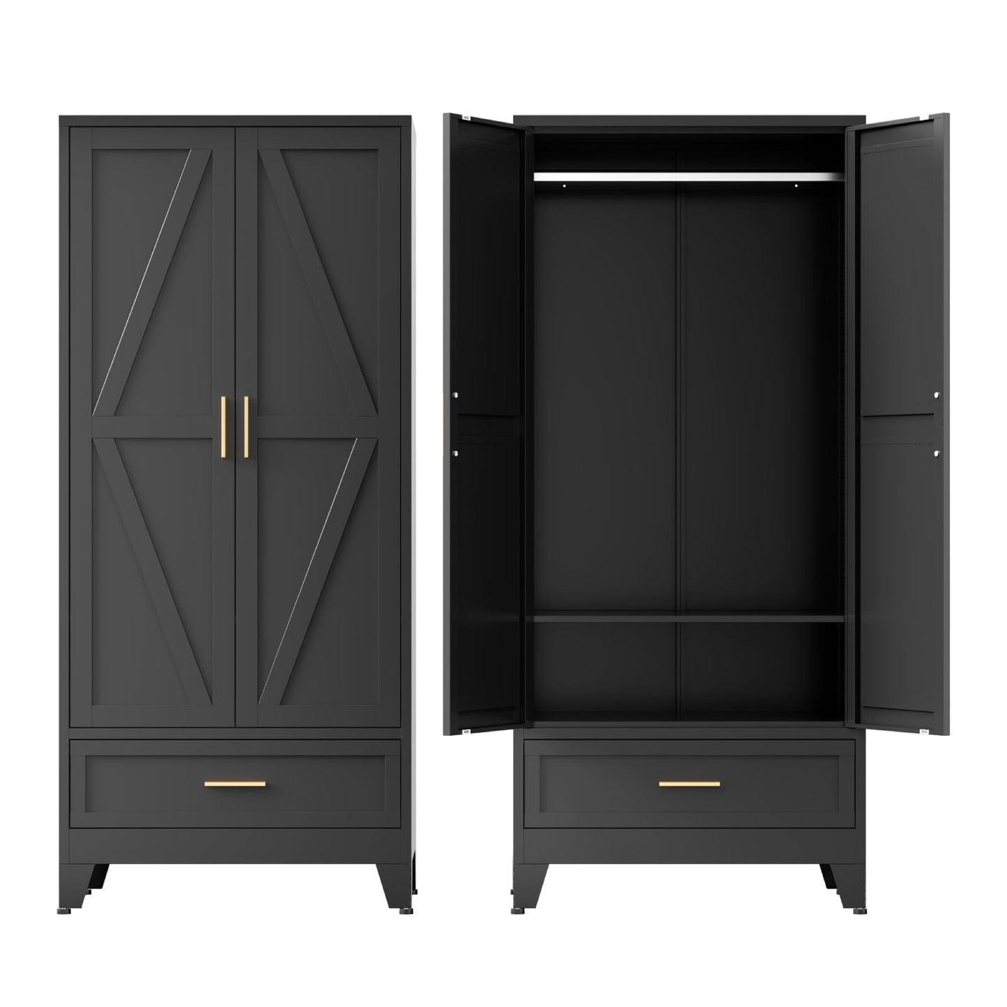 COFaR Metal Wardrobe Closet with Doors, 71'' Tall Steel Bedroom Armoire with Adjustable Hanging Rod and Shelves, Broom Closet Storage Cabinet for Garage Laundry Office, Farmhouse White