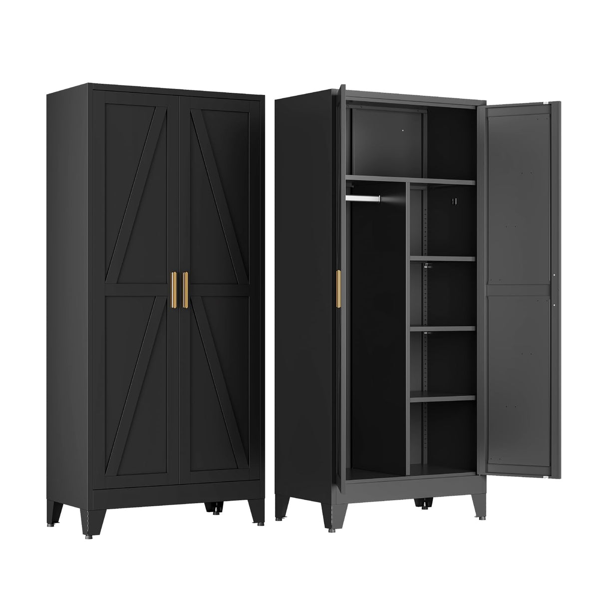 COFaR Metal Wardrobe Closet with Doors, 71'' Tall Steel Bedroom Armoire with Adjustable Hanging Rod and Shelves, Broom Closet Storage Cabinet for Garage Laundry Office, Farmhouse White